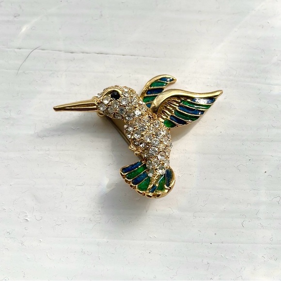 Sparkly, Hummingbird Brooch - gold tone with green enamel wings. - Picture 1 of 10